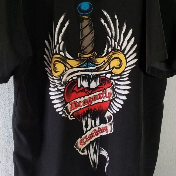 Dragonfly Men’s 90's Button Down Bowling Shirt Heart with Knife Sword Wings XL - Picture 6 of 8